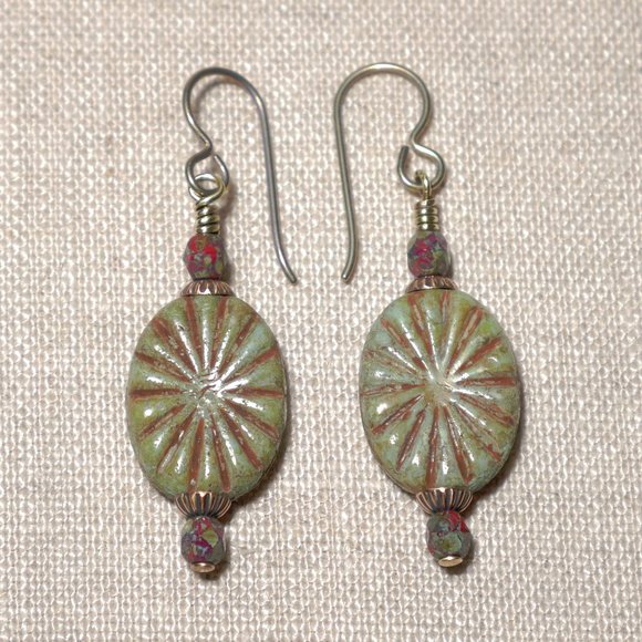 Hand Crafted Handmade Earrings Olive & Rust Oval Czech Beaded Earrings - Picture 1 of 5